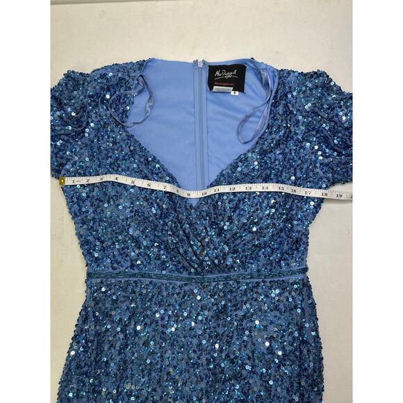 Mac Duggal Puff Shoulder Long Sleeve Sequined Surplice Gown In French Blue Sz 6 - Picture 8 of 11